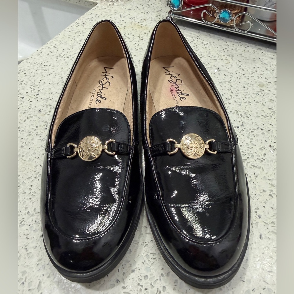 Life Stride Shiny Black Loafers with Gold Accent